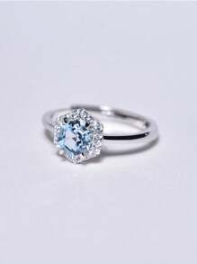 1pc S925 Sterling Silver Sky Blue Topaz Hexagon Ring, Hypoallergenic, Adjustable Size, Suitable For Party, Music Festival, Valentine's Day Gift, Elegant Bohemian Rose Design, Timeless