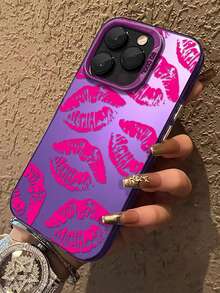 1pc Personalized Full Screen Red Lip Print Color Silver Matte Full Body Shock-Proof Color Gel Case, Compatible With Phone 17 16 15 14 13 12 11 Plus Pro X XS Max  Apple Cellphone Protective Cover,  Shock Resistance And Anti-Stain, Fashionable And - Màu tím - Xem 1