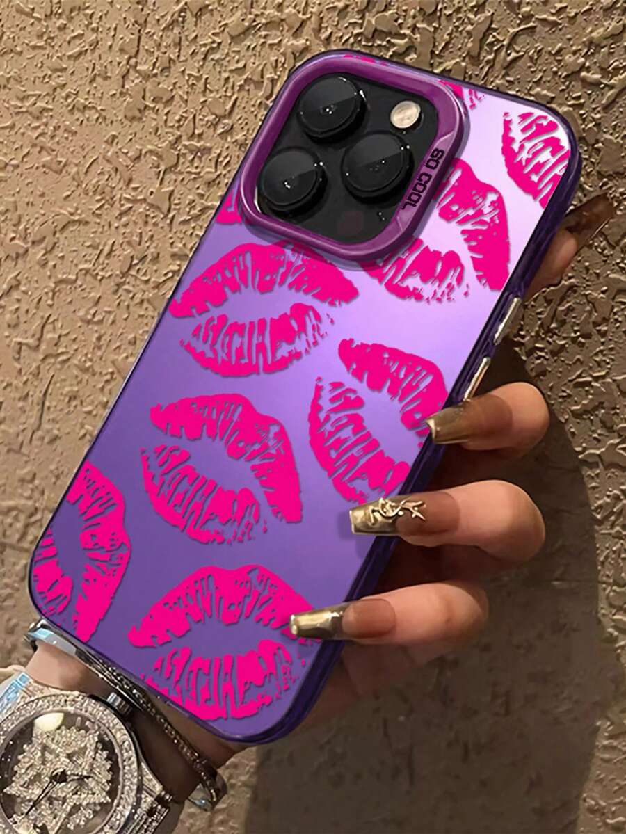 1pc Personalized Full Screen Red Lip Print Color Silver Matte Full Body Shock-Proof Color Gel Case, Compatible With Phone 17 16 15 14 13 12 11 Plus Pro X XS Max  Apple Cellphone Protective Cover,  Shock Resistance And Anti-Stain, Fashionable And - Màu tím - Xem 1