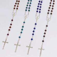 1 件欧洲复古精致多色玫瑰念珠手工串珠心形和十字架吊坠长 Y 型项链，男女通用颈骨链，适合玫瑰月、复活节、仪式佩戴