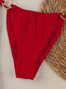 新款春夏性感优雅纯红色三件套比基尼，适合海滩度假派对约会 - 紅色 - 查看 5