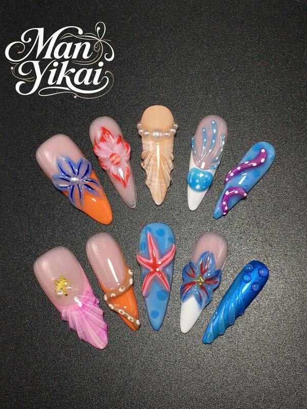 10-Piece 3.3 Fine High-Heel Pure Handmade Wearable Nails, Spring-Summer Beach Nail Art Style, Modeling Gel, Pink-Purple-White French Style, Steel Beads, Hand-Carved Flowers, Mirror Powder, Personalized, Elegant, Versatile, Reusable