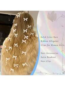 18 件女士蝴蝶结发带，小蝴蝶结发夹，小缎带发夹，迷你蝴蝶结发夹，女士女孩发饰，扁平爪夹，发夹，发夹 - 米色 - 查看 4