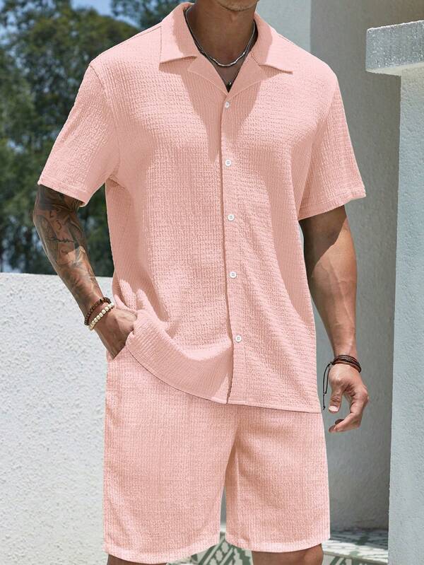 2pcs Set Fashion European Style Jacquard Casual Loose Short Sleeve Shirt And Pants Suit, Versatile Beach Holiday Outfit, Suits For Husband Or Boyfriend