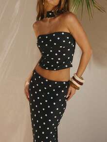 Cute And Sexy Women's Polka Dot Halter Neck Two Pieces Skirt Set High Stretch Bandeau Crop Top And Maxi Skirt For Party Clubwear And Casual Outings