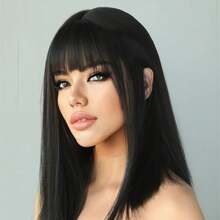 Peluca sintética femenina, medio y largo pelo liso, simulación de cabello, extremo de un cuchillo, seda negra de alta temperatura, cubierta de cabeza completa 4FJM - 791-negro - Ver 3