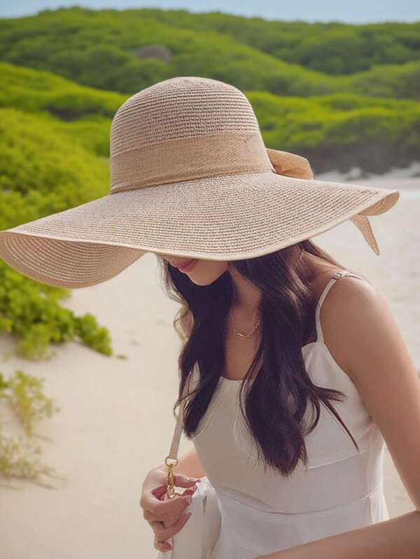 Sombrero de paja beige elegante y bohemio para mujer, 1 sombrero de playa plegable de verano con ala ancha y detalle de lazo, sombrero de playa con protección UV para mujeres