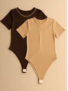 Kit 2 Women's Bodysuit Short Sleeve Elegant Suplex Bodysuit Elegant Casual Look Comfortable Bodysuit Basic And Stylish Fashion Simple Casual Fabric Simple Casual Knitted - 卡其色+咖啡棕色 - 查看 3