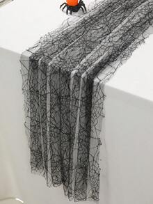 1pc Black Halloween Lace Spider Web Table Runner, Spider Web Pattern Sheer Mesh Tablecloth, Halloween Party Decor, Birthday Decor, Party Decoration, Anniversary Tablecloth - Black - View 6