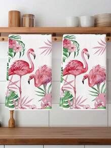 2 Pcs Watercolor Pink Flamingo Kitchen Towels Dish Towels Kitchen Drying Washing And Drying Dishes
