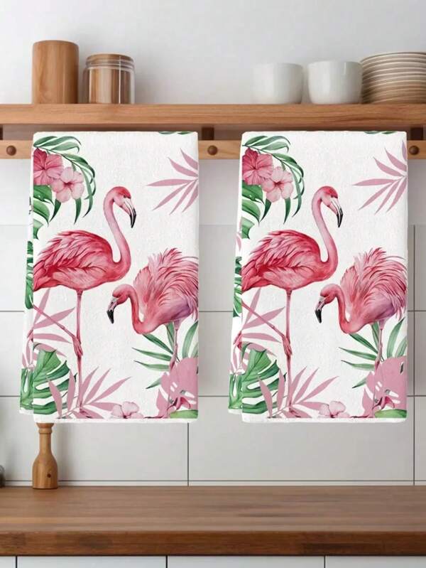 2 Pcs Watercolor Pink Flamingo Kitchen Towels Dish Towels Kitchen Drying Washing And Drying Dishes