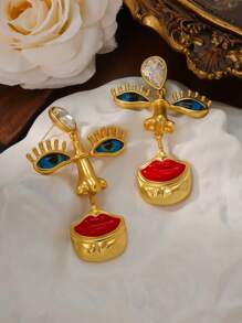1 Pair Exaggerated Retro European American Style Personalized 3D Face With Blue Eyes Red Lips Earrings, Suitable For Women To Wear Daily Or At Parties