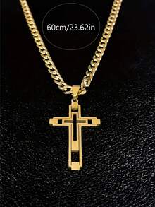 1pc Stainless Steel Hollow Cross Pendant Necklace For Men, Versatile & - Gold - View 4