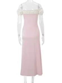 Women Summer Stylish Off-Shoulder Bodycon Dress Casual Contrast Color Short Sleeves Party Dress For Cocktail Beach Club Streetwear - Hồng - Xem 6