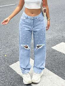 Y2k 膝盖破洞修身直筒锥形牛仔裤妈妈牛仔裤和仿珍珠装饰