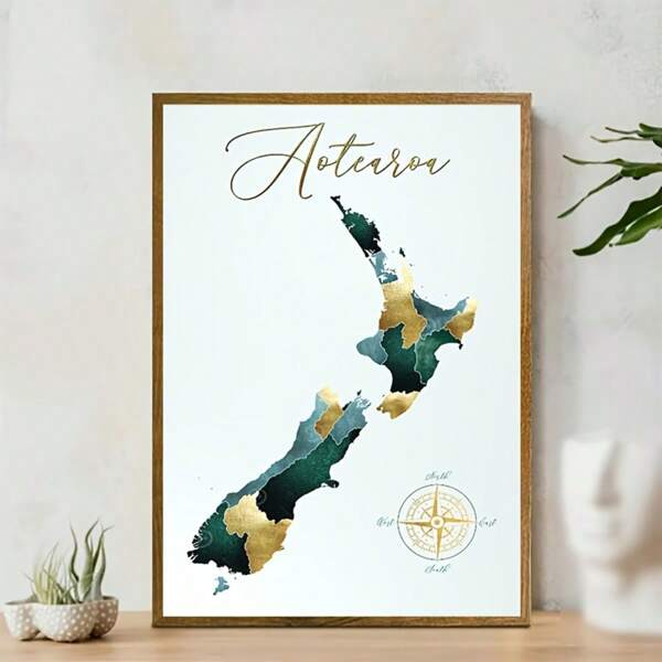 1 Unframed Canvas Wall Art Of New Zealand Map - "Aotearoa" In Gold And Teal Watercolor With Compass Rose, Elegant Wall Decor Suitable For Home, Office, Cafe, Minimalist Style For Bedroom, Living Room, Kitchen, School Supplies,Back To School