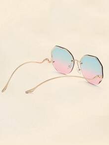 1 件女士圆形无框渐变水钻边时尚眼镜，适合日常佩戴圆形墨镜