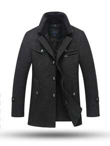 Men's Single-Breasted Woolen Overcoat, Removable Collar, Solid Color Minimalist Commuter Jacket For Autumn/Winter
