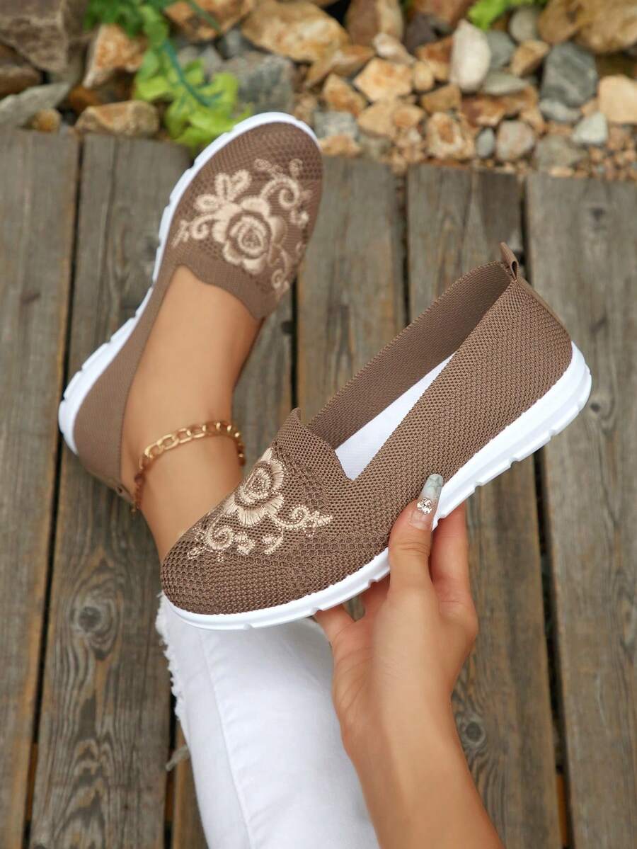 Casual Embroidered Breathable Slip-On Loafers For Summer, Brown Round Toe Lightweight Walking Shoes, Fashion Versatile And Comfortable,Sneakers For Women