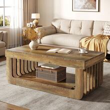 Tribesigns Mesa de centro con espacio de almacenamiento, rectangular de 120 cm, mesa de centro de madera rústica de dos niveles para sala de estar y oficina, color marrón rústico.