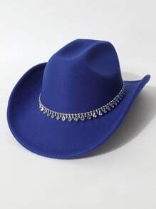 1 Peça Chapéu de Feltro Unissex, Chapéu de Feltro de Lã de Cor Sólida e Plano na Parte Superior com Decoração de Cinto em Formato de Diamante, Chapéu de Cowboy Ocidental Estiloso, Adequado para Noiva, Apresentação, Festa, Uso Externo, Todas as Estações