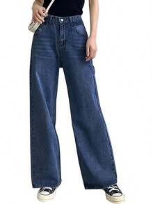 HDLTE Women Ripped Boyfriends Jeans Distressed High Waist Baggy Pants Wide Leg Straight Trousers Y2k Streetwear Pants… - 深藍色 - 查看 1