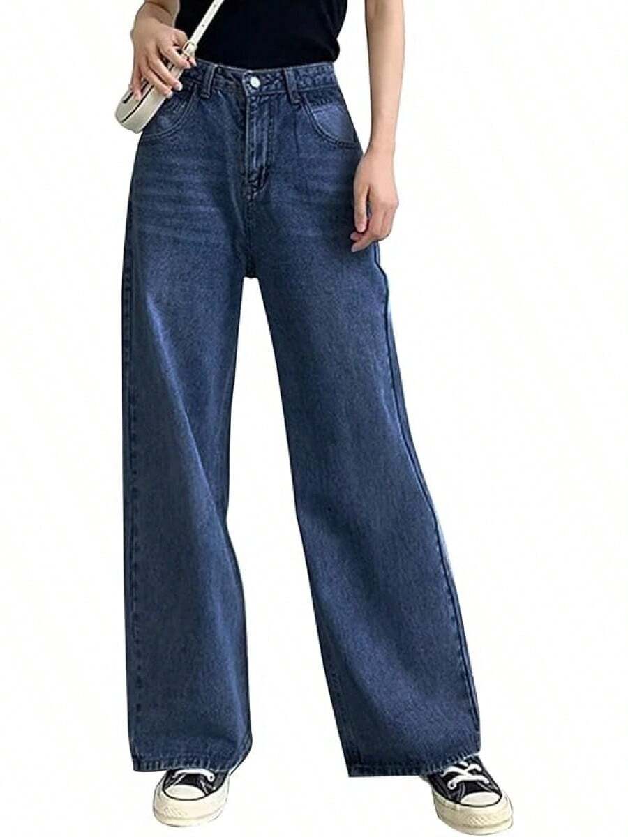 HDLTE Women Ripped Boyfriends Jeans Distressed High Waist Baggy Pants Wide Leg Straight Trousers Y2k Streetwear Pants… - 深藍色 - 查看 1