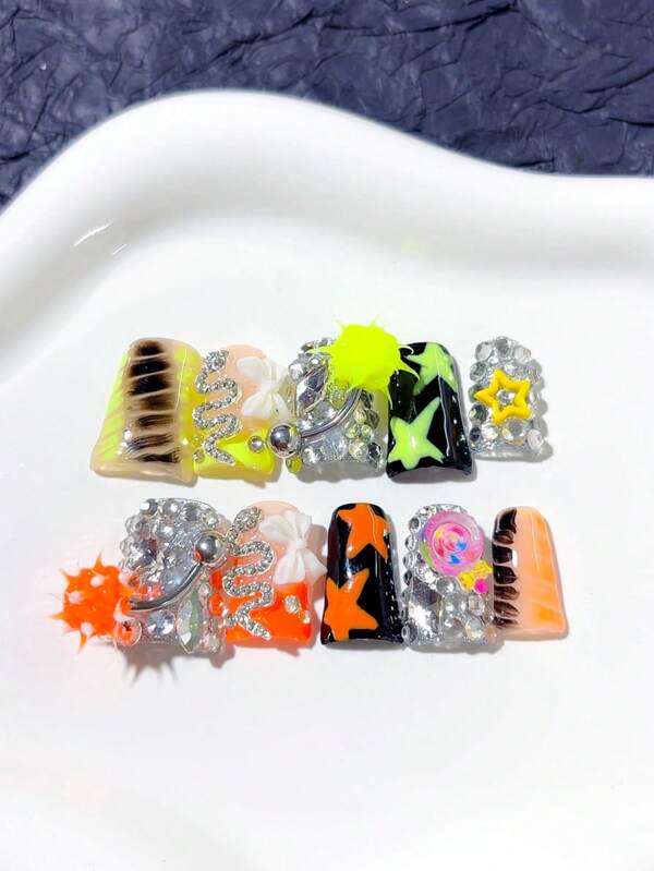 10 peças de unhas postiças artesanais Y2K, com decoração completa de diamantes, joias exageradas, cobra de diamantes, pirulito, decoração com padrão de estrelas; suprimentos para unhas, unhas postiças caseiras, unhas postiças de acrílico; adequadas para feriados, festas, uso diário; inclui 1 folha de cola gelatinosa e 1 mini lixa