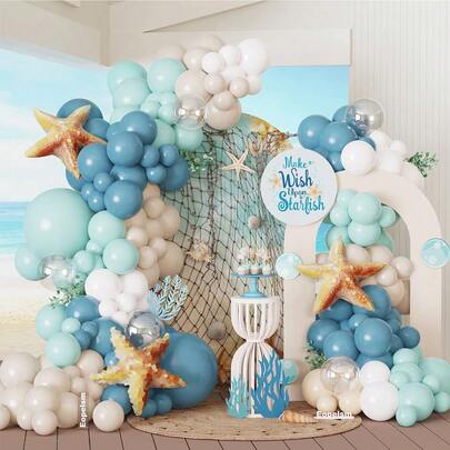 PAGEEBO Kit de arco con guirnalda de globos de 105/106 piezas con tema submarino que incluye globos de látex en colores pastel verde arena, azul gris pizarra y blanco, con globos con forma de estrella de mar para decoración de fiesta de baby shower o cumpleaños con tema submarino