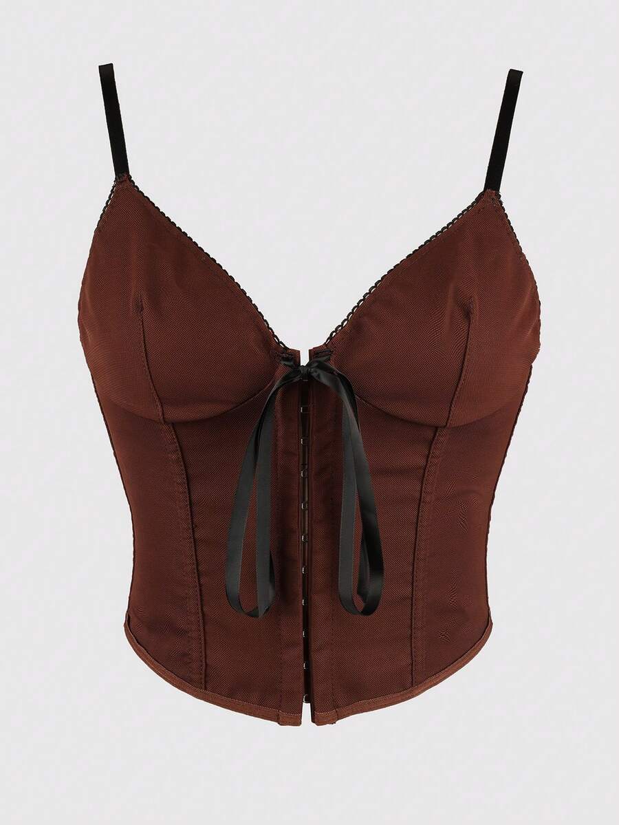 Yuwenier Y2K Grommet Eyelet V Neck Trim Contrasting Ribbon Bowknot Front Overbust Boned Corset Bustier Shapewear Crop Cami Top