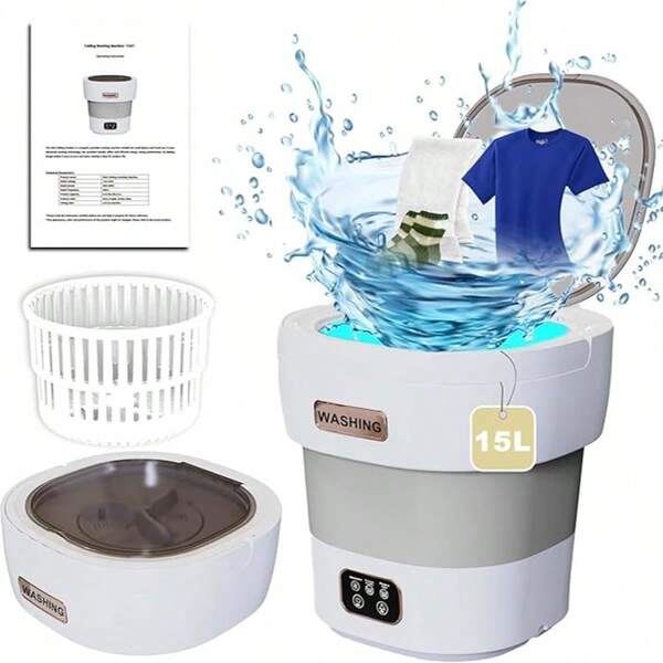 Lave-linge de camping, mini-lave-linge 2 en 1 15 L 2,3 kg avec essoreuse, lave-linge simple, lave-linge de voyage pour chaussettes, sous-vêtements, vêtements de bébé, voyage, voiture de tourisme, dortoir (gris)