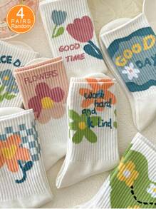 4 Pares Meias de Cano Médio Femininas com Impressão de Flor e Letra, Meias Casuais Sólidas e Fofas com Estampa Fofa, Confortáveis, Macias, Casuais, Esportivas, Versáteis para Viagem, Estilo Minimalista para Uso Diário