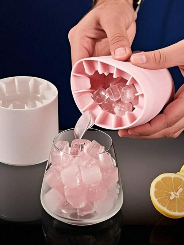 1pc Pink Portable Silicone Ice Cube Tray, 3D Cylindrical Ice Cube Maker With Easy Release Silicone Mold Tray, Multi-Compartment And Covered Compact Bucket Design, Reusable Ice Cube Maker For Home, Bar, Club And Outdoor Summer Beverages, Great For Cocktails And Fruits, Kitchen Tool, Kitchen Accessories