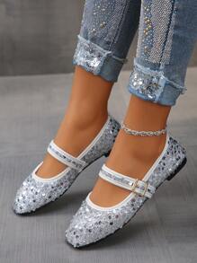 Bailarinas de mujer con purpurina plateada, talla 35-43 UE, de punta redonda, suela suave, zapatos de trabajo informales, mocasines slip-on para uso diario, fiestas, primavera y otoño