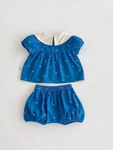 Baby Girl Ditsy Floral Embroidery Collar Ruffle Sleeve Top & Shorts 2 Pieces Set, Summer - 藍色 - 查看 3