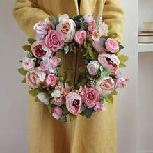 1pc 45cm/17.72in Romantic Vintage Style Artificial Simulated Peony Flower Hanging Decorative Wreath For Thanksgiving, Harvest, Christmas, Valentine's Day, Mother's Day, Weddings, Holiday Party Mantel, Wall, Door Window, Staircase Decorative Wreath, Thanksgiving Gift - A - 查看 2