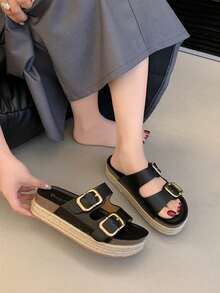 Sandalias de cuña con hebillas metálicas, alpargatas con plataforma - Negro - Ver 3