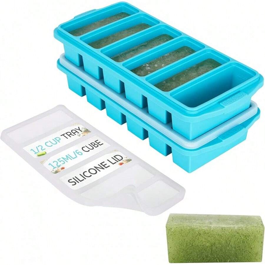 Black Friday11/2 Cup Silicone Freezer Tray With Lid - Silicone Freezer Molds 2-Pack For Meal Prep & Freezing Of Various Sauces And Other Dishes, Makes 12 Perfect 1/2 Cup Portions Cubes,Oven And Dishwasher - 藍色 - 查看 1