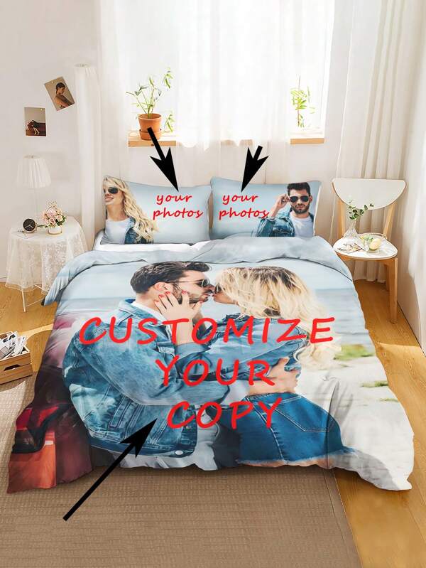3 pièces Set de 3 pièces personnalisé pour couples, comprenant une housse de couette, des dates et d'autres moments doux. Impression numérique imprimée sur un seul côté, associée à un tissu en polyester, convient pour le sommeil quotidien, les célébrations d'anniversaire et les échanges de surprises entre couples