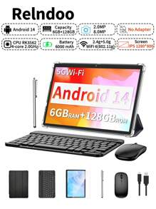 Relndoo Android Tablet With Keyboard And Mouse, Android 14 Tablets, 2 In 1 Tablet, 10 Inch Tablet With Laptop Case, Stylus, Data Cable, RK3562 Quad-Core 2.0 GHz, (6GB+6GB)RAM+128GB ROM, 2MP+8MP Dual Camera, 1280*800px HD Touchscreen, 6000mAh Battery, Supports 1TB SD Expansion, 802.11n Wifi 2.4G/5G Wireless, GPS, Certified Tablet PC-Black