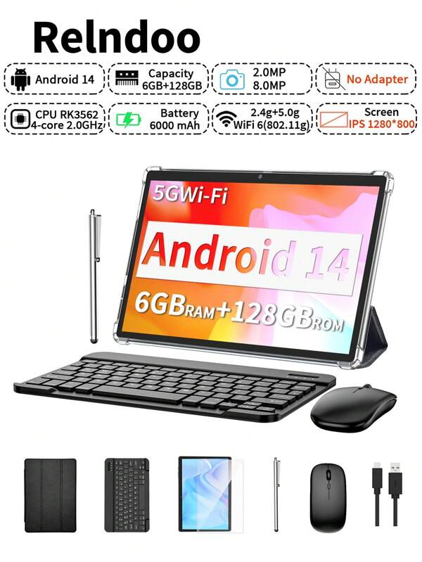 Relndoo Android Tablet With Keyboard And Mouse, Android 14 Tablets, 2 In 1 Tablet, 10 Inch Tablet With Laptop Case, Stylus, Data Cable, RK3562 Quad-Core 2.0 GHz, (6GB+6GB)RAM+128GB ROM, 2MP+8MP Dual Camera, 1280*800px HD Touchscreen, 6000mAh Battery, Supports 1TB SD Expansion, 802.11n Wifi 2.4G/5G Wireless, GPS, Certified Tablet PC-Black
