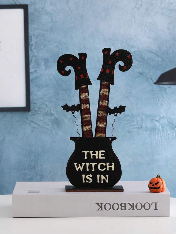 1 pieza Letras de madera de Halloween con diseño de bruja, calabaza y murciélago para decoración casera de escritorio, manualidades y adornos
