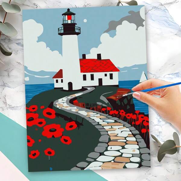 Painting By Number Vibrant Coastal Lighthouse Red Poppies Canvas Art Seascape DIY Digital Oil Painting Drawing For Home Decoration