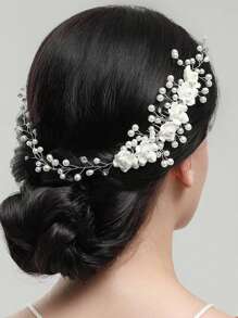 1 pieza Diadema con flor blanca y perlas para mujer/niño, peineta con rosa, accesorio vintage elegante y versátil