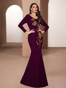 SUPGIR Women's V-Neck Long Sleeve Sequin Embroidery Slim-Fitting Butt-Hugging Mermaid Hem Knit Burlap Temperament Evening Dress, School Clothes - Purple - View 2