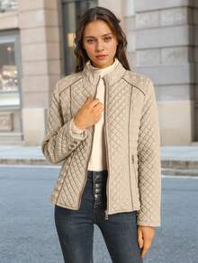 Chaqueta acolchada con capucha casual para mujer Giolshon, con bolsillos, abrigo acolchado ligero, adecuado para uso diario en primavera, otoño e invierno, ropa de invierno para mujer - Beis - Ver 6