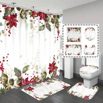 [Opción popular] 1 pieza/4 piezas Juego de cortina de ducha de decoración navideña, decoración de baño con árbol de Navidad y patrón de bayas, juego de baño con tema "Feliz Navidad" de estilo minimalista clásico, incluye 12 ganchos