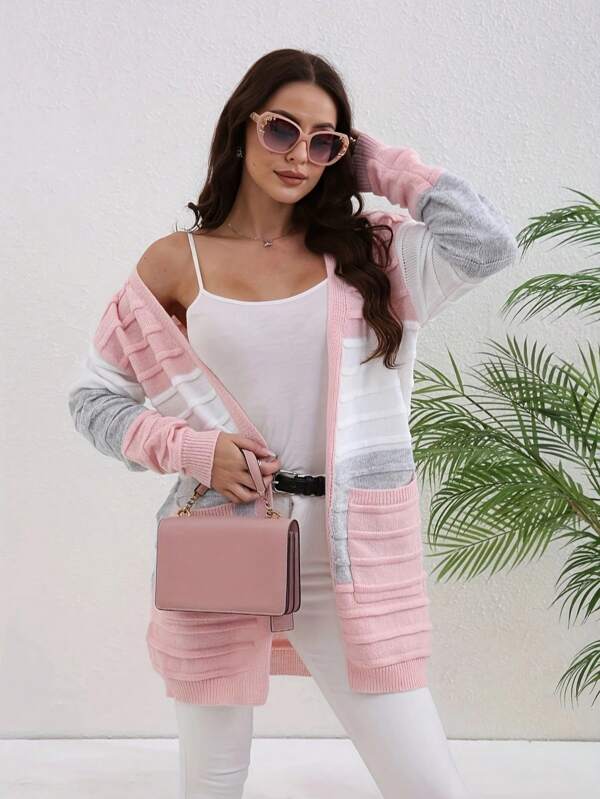 Elegant Knitted Women's Cardigan, Colorblock Design Suitable For Layering, Everyday Wear