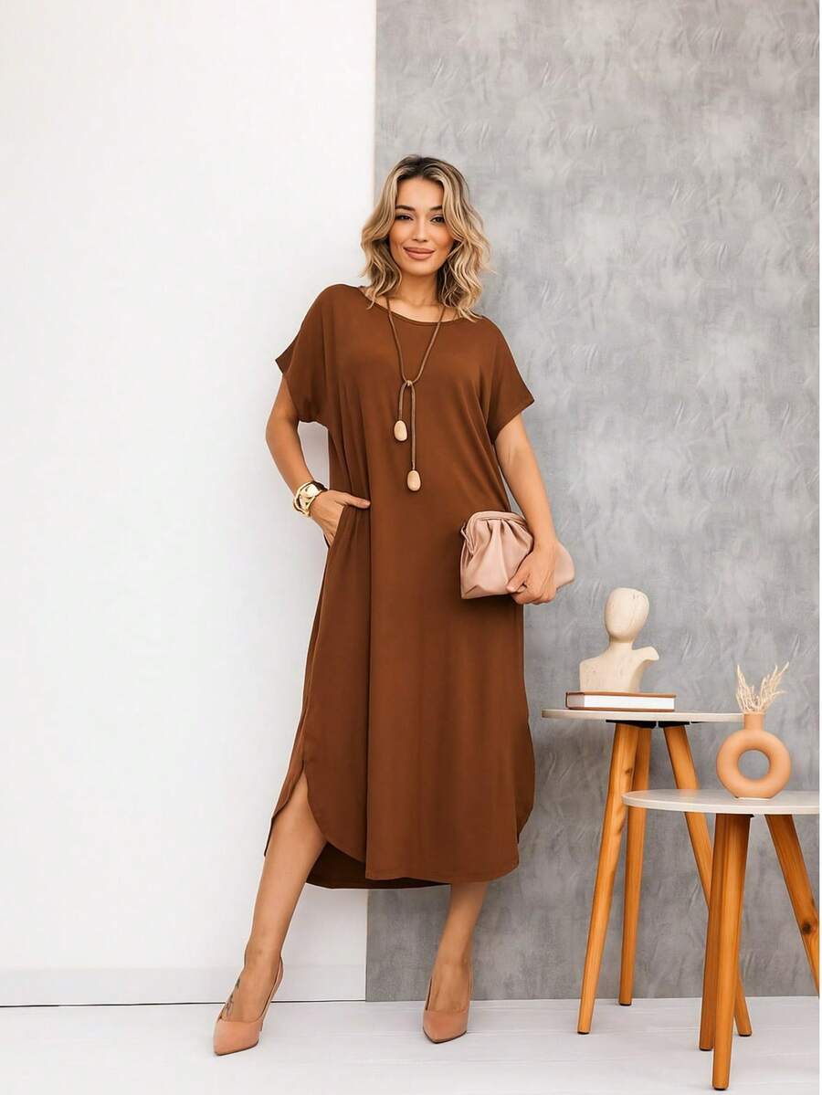 Viscolycra Midi Dress With Pocket And Side Slit 42 To 48 - Rỉ Nâu - Xem 1