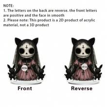1 pieza Decoración de escritorio de muñeca de horror gótico 2D de acrílico, diseño plano 2D único con cabello rosa, calavera blanca, rosa negra y atuendo delicado, adecuado para Halloween, bares, cafeterías o regalos para amigos